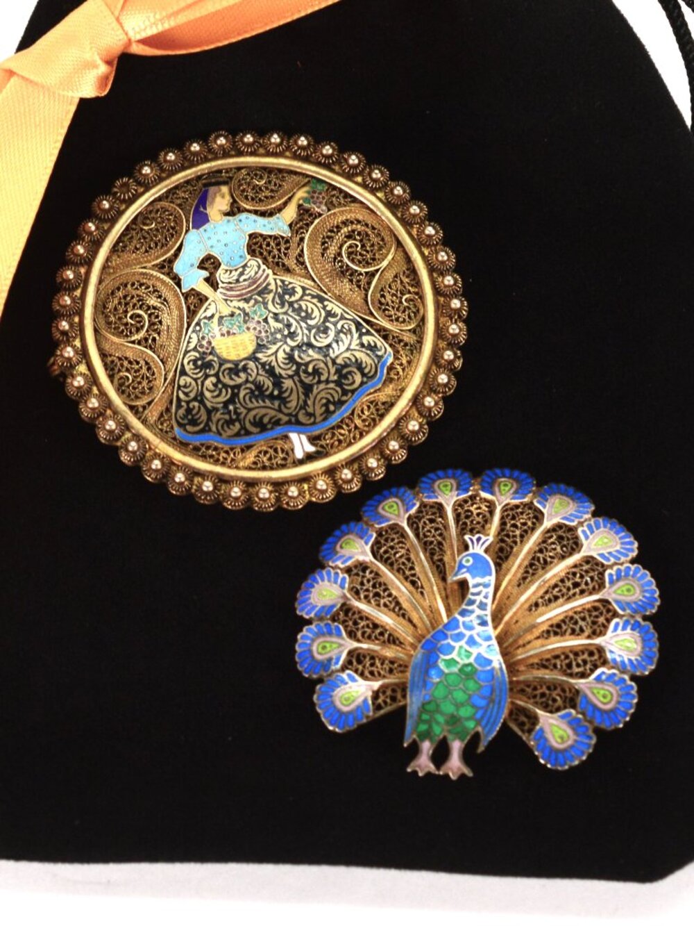 Topazio Antique Gold Plated Sterling Filigree Enamel Art Brooch Duo